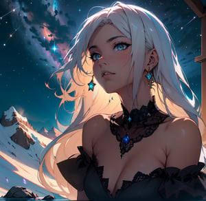 A masterpiece: Ethereal Nightfall: A stunning 23-year-old woman stands at the mountain's edge, bathed in the soft, starlit ambiance, her gaze upward, as if communing with the cosmos. Her sleek black dress melds with the darkness, while her long hair whispers secrets to the wind. The stars above cast a gentle glow on her contemplative face, radiating an air of quiet introspection.