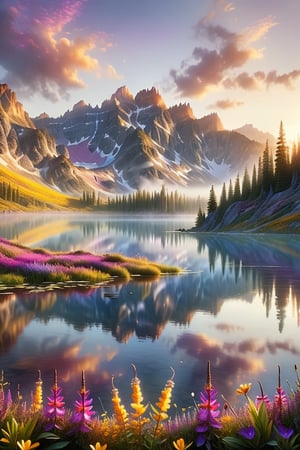 Capture a serene mountain landscape at sunrise, with mist rising from a tranquil lake to create a dreamy atmosphere. Framing the shot, place vibrant wildflowers in shades of purple, pink, and yellow in the foreground, adding a pop of color. Majestic peaks bathed in soft, golden light, cast long shadows across the glass-like lake's surface, reflecting the vivid colors of the sky. The scene exudes peace and natural beauty, capturing the essence of untouched wilderness.