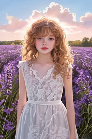 Whimsical portrait of a girl wearing a vintage lace dress, standing amidst a lush field of purple lavender, her curly locks gently rustling in the soft breeze as the setting sun casts a warm glow on the scene, with gentle wisps of clouds painted across the pale blue sky in hues of peach and mauve.