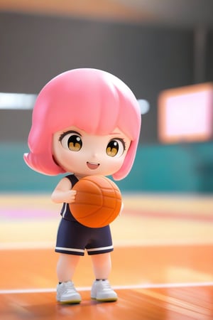 chibi, high resolution, single woman, Anya Forger, pink hair, bob hair, gray eyes, smiling, selfish target, basketball, wearing basketball uniform, cheering, basketball court, chibi, smiling, grinning, self-satisfied, full body, chibi, 3D figure, toy, doll, character print, front view, natural light, ((realistic)) 1.2)), dynamic pose, medium movement, perfect cinematic perfect lighting, perfect composition, Anya Forger Spy x Family,((photograph of a stylized doll))