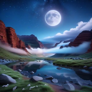 A serene, moonlit valley unfolds beneath a star-studded sky, with undulating hills of silver-imbued grass swaying gently in the breeze. Weathered, rust-red rocks jut out from the earth, while delicate, feathery clouds drift lazily above. In the distance, a misty waterfall cascades into a serene lake, its tranquil surface reflecting the twinkling sky above, and the songs of night insects provide a soothing melody, filling the air with a calming ambiance.