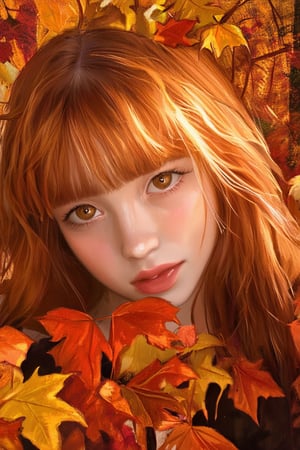 A tranquil scene unfolds: a young girl with radiant auburn locks and soft features, situated amidst a tapestry of vibrant autumn leaves. The camera's gaze frames her serene expression, as sunlight filters through the foliage, casting a warm glow on her face. Her eyes shimmer like polished amber, reflecting the golden tones of a late afternoon sun.