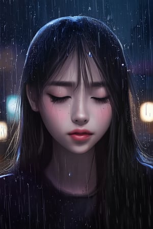 A moody, yet beautiful portrait of a girl in the rain, her face upturned, eyes closed, with raindrops sliding down her cheeks, the background a blur of city lights.