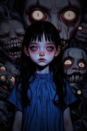 A whimsical illustration captures a girl with striking features: long black hair, piercing blue eyes, and a porcelain doll-like complexion featuring intricate black dots. She stands confidently before a dramatic backdrop of monstrous faces, their glowing white lights illuminating the dark surroundings. Her bright blue dress provides a vibrant pop against the somber tone, as the entire scene is framed from an eye-level perspective.