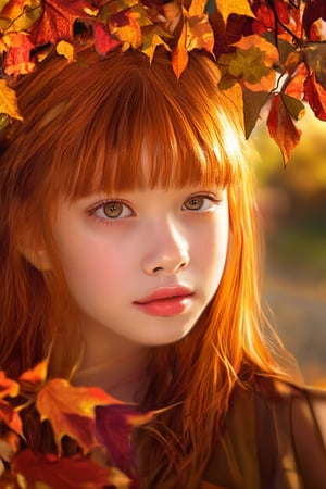 A tranquil scene unfolds: a young girl with radiant auburn locks and soft features, situated amidst a tapestry of vibrant autumn leaves. The camera's gaze frames her serene expression, as sunlight filters through the foliage, casting a warm glow on her face. Her eyes shimmer like polished amber, reflecting the golden tones of a late afternoon sun.