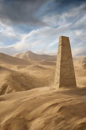 A desolate desert landscape unfurls before the viewer, where towering sand dunes are shaped by the merciless winds into giants, their ridges and valleys stretching towards the horizon. A lone, weathered obelisk stands sentinel, its worn surface bearing testament to the harsh environment. Above, a tumultuous sky churns with dust clouds, swirling in ethereal dance, as if the heavens themselves were being stirred.