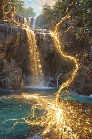 In a dreamlike scenario, a majestic waterfall composed of molten liquid gold cascades down a rocky precipice, its warm glow illuminating the air. The golden torrent flows seamlessly into a crystal-clear pool of shimmering glass, where refracted light dances across its surface. Amidst this surreal backdrop, crystalline trees with facets like diamonds stretch towards the sky, their delicate limbs adorned with sparkling gemstones that hover effortlessly in mid-air.