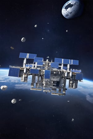 A futuristic space station orbiting a distant planet, with massive solar panels, docking bays, and asteroids floating nearby in the vast expanse of space.