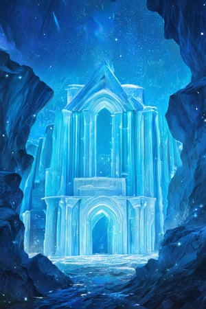 A majestic ice palace in the heart of a glacier, with walls of translucent blue ice, ornate frost patterns, and delicate, iridescent snowflakes floating in the air.