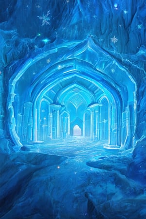 A majestic ice palace in the heart of a glacier, with walls of translucent blue ice, ornate frost patterns, and delicate, iridescent snowflakes floating in the air.