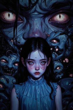 A whimsical illustration captures a girl with striking features: long black hair, piercing blue eyes, and a porcelain doll-like complexion featuring intricate black dots. She stands confidently before a dramatic backdrop of monstrous faces, their glowing white lights illuminating the dark surroundings. Her bright blue dress provides a vibrant pop against the somber tone, as the entire scene is framed from an eye-level perspective.