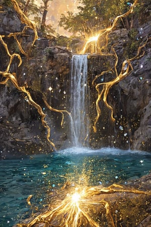 In a dreamlike scenario, a majestic waterfall composed of molten liquid gold cascades down a rocky precipice, its warm glow illuminating the air. The golden torrent flows seamlessly into a crystal-clear pool of shimmering glass, where refracted light dances across its surface. Amidst this surreal backdrop, crystalline trees with facets like diamonds stretch towards the sky, their delicate limbs adorned with sparkling gemstones that hover effortlessly in mid-air.