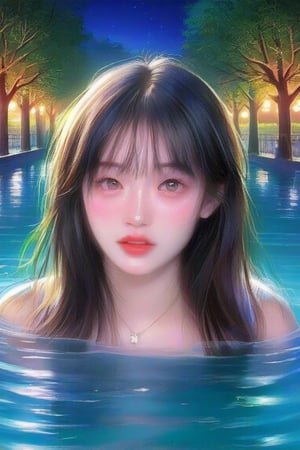 score_9, score_8_up, score_7_up, 1girl, face focus, head portrait, partially submerged, lake, trees, night street