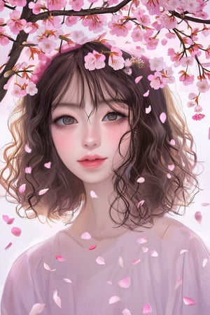 A tender portrait of a girl with soft curls framing her face, standing under a canopy of cherry blossoms, with petals gently falling around her.