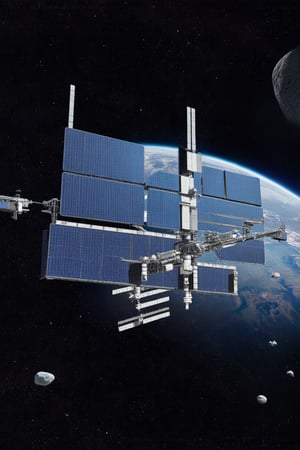 A futuristic space station orbiting a distant planet, with massive solar panels, docking bays, and asteroids floating nearby in the vast expanse of space.