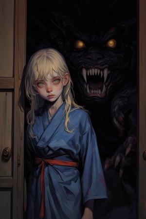 girl with blonde hair and green eyes stands in a doorway. She is dressed in a blue kimono with a red belt tied around her waist. To the right of her is a large black creature with sharp teeth and sharp claws. The creature's eyes are glowing with a yellow hue, adding a pop of color to the scene. The door to the left of the image is a light brown wooden door with a gold knob.