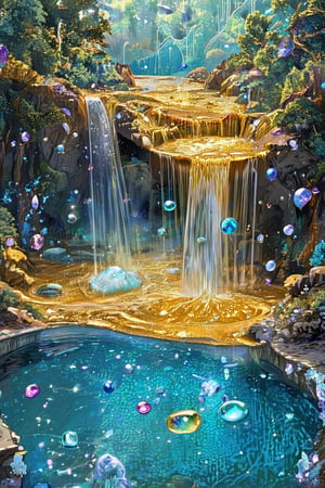 A surreal dreamscape where a waterfall made of liquid gold flows into a pool of shimmering glass, surrounded by crystalline trees and floating gemstones.