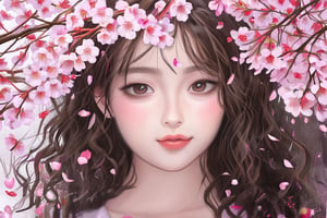 A tender portrait of a girl with soft curls framing her face, standing under a canopy of cherry blossoms, with petals gently falling around her.