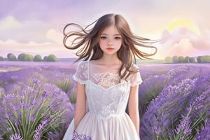 A whimsical portrait of a girl wearing a vintage lace dress, standing amidst a field of lavender, with soft wind blowing through her hair, and a distant sunset painting the sky in pastel colors.