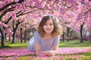 A young girl stands serenely beneath a vibrant cherry blossom canopy, delicate pink petals drifting lazily to the ground as she gazes softly into the distance, her gentle smile and soft, curly locks framing her face in a warm, inviting light.