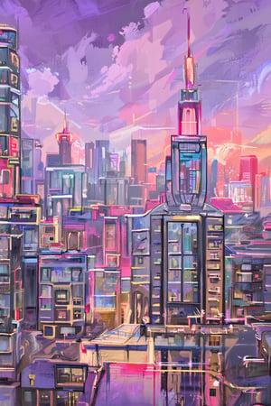 A digital painting of a futuristic cityscape with buildings made of glass and light, reflecting a sky ablaze with a sunset of brilliant purples, pinks, and golds.