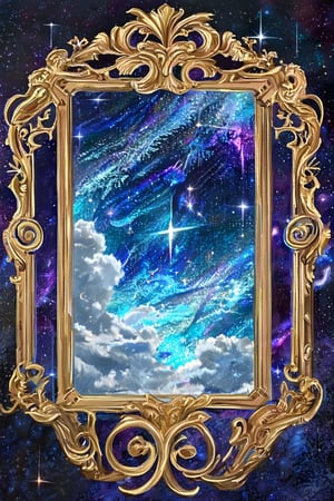 A majestic, ornate frame adorned with intricate Baroque designs surrounds the mystical enchanted mirror, its surface reflecting a celestial wonderland of swirling galaxies, twinkling stars, and wispy clouds, as if the very fabric of the cosmos has been distilled into this shimmering glass.