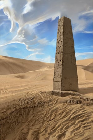 A desolate desert landscape with giant, wind-sculpted sand dunes, a lone weathered obelisk standing tall under a sky full of swirling dust clouds.