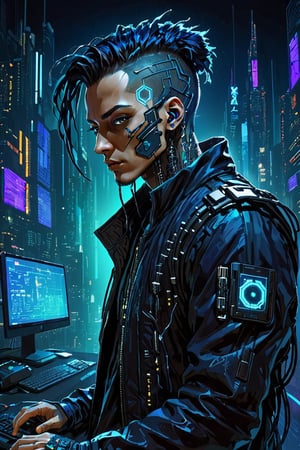 Illustration of a cyberpunk  hacker, nighttime, mystery aesthetic, bold, dynamic, expressive, symmetrical, vibrant