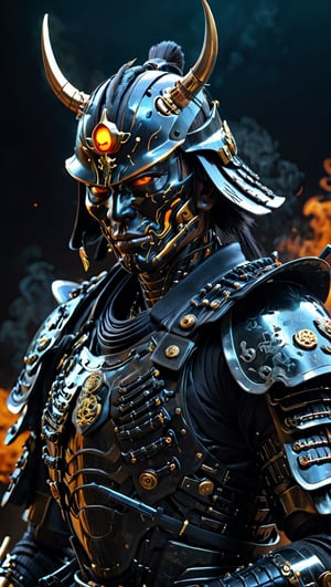 ultra Realistic cyborg samurai,Wearing black Samurai Armor,high futuristic cyberpunk style, vibrant colour smoke,incredibly detailed, dark, key visuals, atmospheric, highly realistic,ultra Quality ray tracing