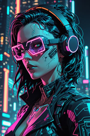 close up portrait, side view of a  Illustration of a cyberpunk Woman hacker in a virtual reality setting, nighttime, mystery aesthetic, comic book style, comic book artwork, in the style of Josan Gonzales, bold, dynamic, expressive, symmetrical, vibrant