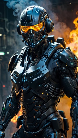 ultra Realistic cyborg swat,Wearing black Swat Armor,high futuristic cyberpunk style, vibrant colour smoke,incredibly detailed, dark, key visuals, atmospheric, highly realistic,ultra Quality ray tracing