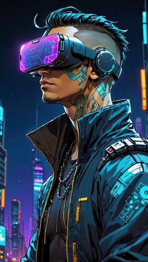 close up portrait, side view of a  Illustration of a cyberpunk Racon hacker in a virtual reality setting, nighttime, mystery aesthetic, comic book style, comic book artwork, in the style of Josan Gonzales, bold, dynamic, expressive, symmetrical, vibrant