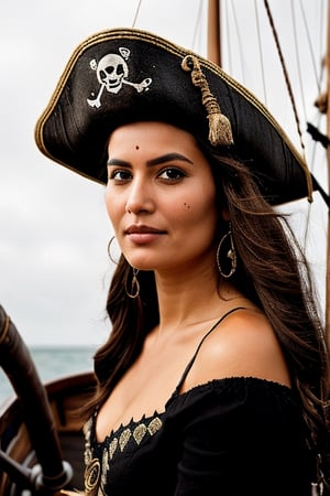 photograph of a beautiful pirate mksks at helm of old pirate ship looking into distance, skin with pores,1 girl,photorealistic,,