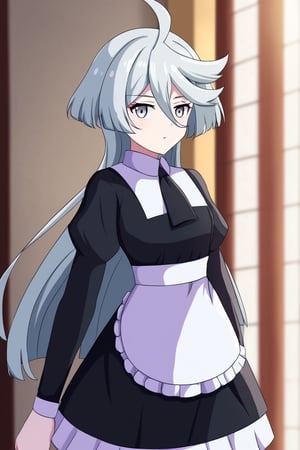 Masterpiece,best quality,ultra-detailed,miorine rembran, ahoge, grey eyes, grey hair, hair between eyes, long hair,maid uniform 