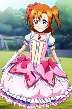 Masterpiece,best quality,ultra-detailed,lovelive_honoka,KANAMEMADOKACOSPLAY,KANAME MADOKA \(COSPLAY\),CHEST JEWEL, DRESS, FRILLED DRESS,FRILLS, MAGICAL GIRL, NECK RIBBON,PINK DRESS, PUFFY SHORT SLEEVES,PUFFY SLEEVES,smile