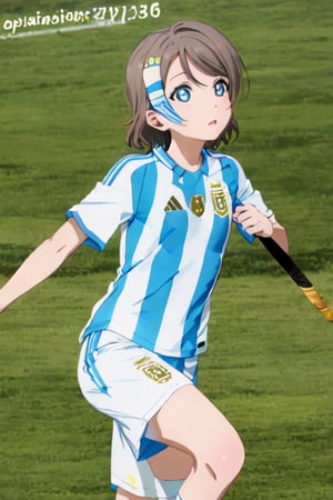 Masterpiece,best quality,sportswear,soccer uniform,shirt,shorts,light blue and white batons,you watanabe