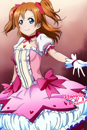 Masterpiece,best quality,ultra-detailed,lovelive_honoka,KANAMEMADOKACOSPLAY,KANAME MADOKA \(COSPLAY\),CHEST JEWEL, DRESS, FRILLED DRESS,FRILLS, MAGICAL GIRL, NECK RIBBON,PINK DRESS, PUFFY SHORT SLEEVES,PUFFY SLEEVES,smile