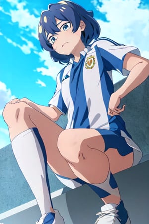 Masterpiece,best quality,Utena Hiiragi,sportswear,soccer uniform,shirt,shorts,light blue and white batons