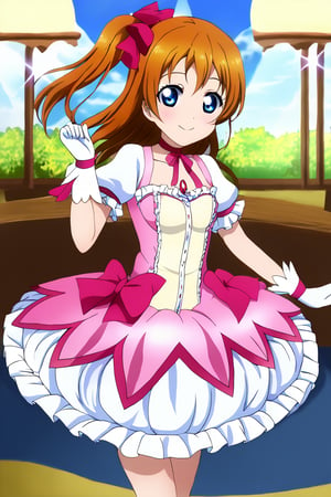 Masterpiece,best quality,ultra-detailed,lovelive_honoka,KANAMEMADOKACOSPLAY,KANAME MADOKA \(COSPLAY\),CHEST JEWEL, DRESS, FRILLED DRESS,FRILLS, MAGICAL GIRL, NECK RIBBON,PINK DRESS, PUFFY SHORT SLEEVES,PUFFY SLEEVES,smile