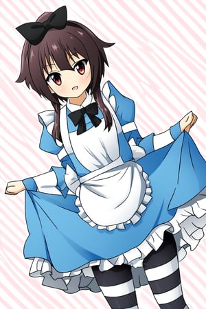 Masterpiece,best quality,ultra-detailed, megumin,ALICECOSPLAY,ALICE \(ALICE IN WONDERLAND\),\(COSPLAY\), APRON, BLACK PANTYHOSE,BLOOMERS, BLUE DRESS, BOW,FRILLED APRON, FRILLED DRESS, FRILLS,PUFFY SHORT SLEEVES, PUFFY SLEEVES,STRIPED CLOTHES, STRIPED PANTYHOSE,WHITE APRON, WHITE BLOOMERS,WHITE PANTYHOSE, WRIST CUFFS