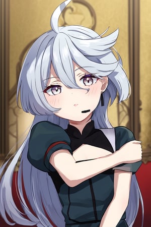 Masterpiece,best quality,ultra-detailed,miorine rembran, ahoge, grey eyes, grey hair, hair between eyes, long hair,
short sleeve maid uniform