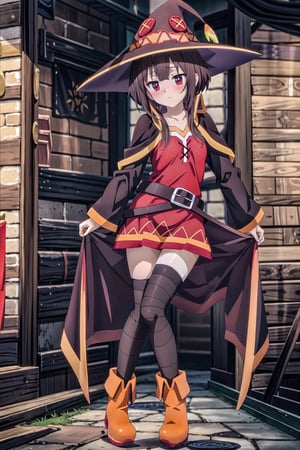 A whimsical witch, Megumin of KonoSuba! looks directly at the viewer with her beautiful, bright crimson red eyes, her short, dark brown hair framing her delicate, blushing face. She wears her signature crimson witch's robes that reach well above her knees, covering almost nothing, and are cinched at the waist by a wide leather belt that fits her half loosely. Only one leg is covered by a stocking that reaches well above the knee, and the other is wrapped in a white bandage that covers it partially above the knee, in addition to the orange boots that add a touch of mysticism. On her head she wears her characteristic pointed witch's hat. The sky is bright blue, dotted with a few clouds, as she walks confidently with her cloak behind her.,masterpiece,Megumin,MeguminV2,best quality