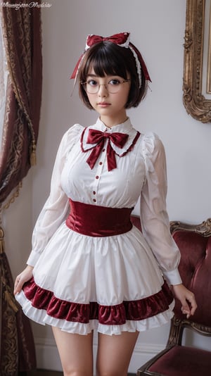 =(Best Quality, Masterpiece:1.2),Solo, Photorealistic,,(Big Eyes,beautiful detailed eyes, short hair, wearing glasses, megane symmetric eyes,),,, (Red White dress), Stocking,crushed velvet, skirt, bow, ribbon, jewel, Sheer long sleeves,Frills,Thigh,Pink BackGround, 