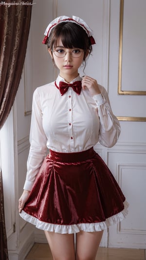 =(Best Quality, Masterpiece:1.2),Solo, Photorealistic,,(Big Eyes,beautiful detailed eyes, short hair, wearing glasses, megane symmetric eyes,),,, (Red White dress), Stocking,crushed velvet, skirt, bow, ribbon, jewel, Sheer long sleeves,Frills,Thigh,Pink BackGround, 