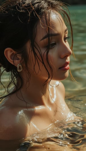 close up portrait of a cute woman (gldot) bathing in a river, reeds, (backlighting), realistic, masterpiece, highest quality, lens flare, shade, bloom, [[chromatic aberration]], by Jeremy Lipking, by Antonio J. Manzanedo, digital painting,