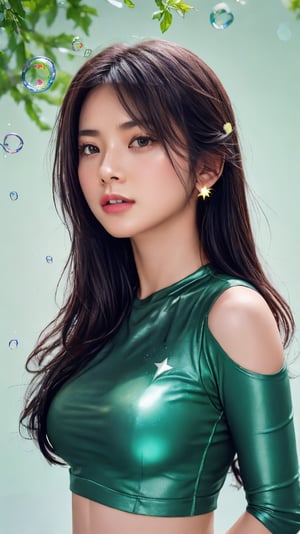 (1girl:1.1),stars in the eyes,(pure girl:1.1),upper_body,There are many scattered luminous petals,green theme,bubble, contour deepening,white_background,cinematic angle,character in the lower right corner,adhesion,tight clothing, flowing liquid,blue_IDphoto,