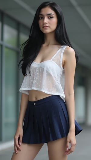 A youthful woman, her raven locks cascading down her back, stands confidently in a dynamic pose. Wearing a sheer white singlet that cleverly conceals her modesty, and a navy pleated miniskirt that showcases her toned legs. The blurred background allows the building on the right to subtly frame her striking figure, drawing attention to her captivating presence.