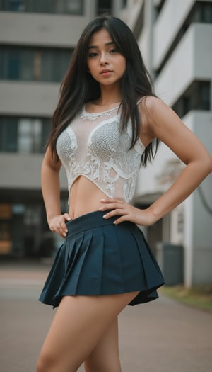 A youthful woman, her raven locks cascading down her back, stands confidently in a dynamic pose. Wearing a sheer white singlet that cleverly conceals her modesty, and a navy pleated miniskirt that showcases her toned legs. The blurred background allows the building on the right to subtly frame her striking figure, drawing attention to her captivating presence