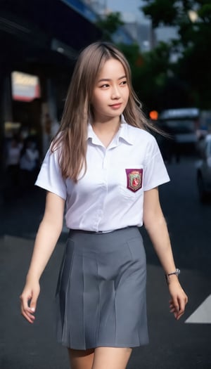 a asian woman in a school uniform. The school uniform is white shirt and grey skirt. her hair is long light brown. She is walking on the street. The background is blurred, dark sky, city scape