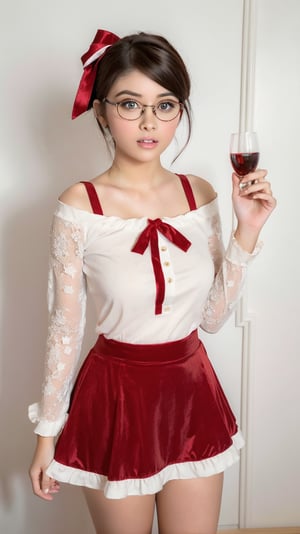 (Best Quality, Masterpiece:1.2),Solo, Photorealistic,,(Big Eyes,beautiful detailed eyes, short hair, wearing glasses, megane symmetric eyes,),,, (Red White dress), Stocking,crushed velvet, skirt, bow, ribbon, jewel, Sheer long sleeves,Frills,Thigh,Pink BackGround, 